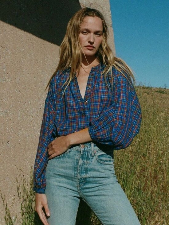 Doen Tops - DÔEN The Jane Blouse - Azure French Plaid